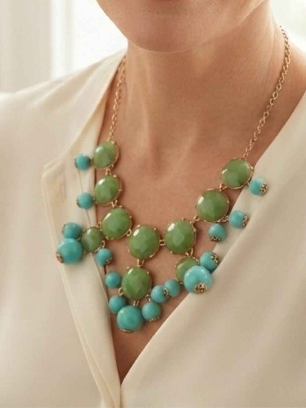 J.Crew Green & Turquoise Faceted Stone Cluster Statement Necklace EUC